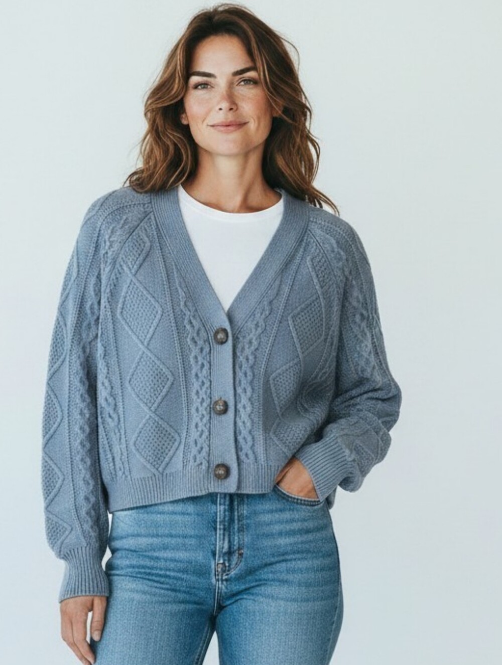 Madewell Merino Wool Blend Dusty Blue Cable Knit Button-Front Cardigan